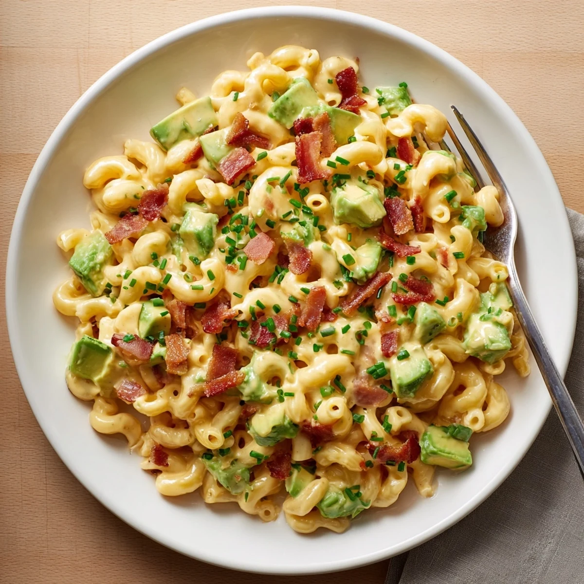 Creamy Avocado and Bacon Mac and Cheese with crispy bacon crumbles and diced avocado on a white plate.  