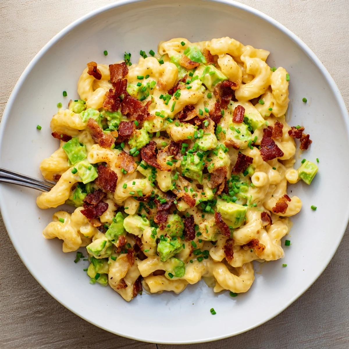 A bowl of Avocado and Bacon Mac and Cheese topped with fresh chives and melted sharp cheddar sauce.  