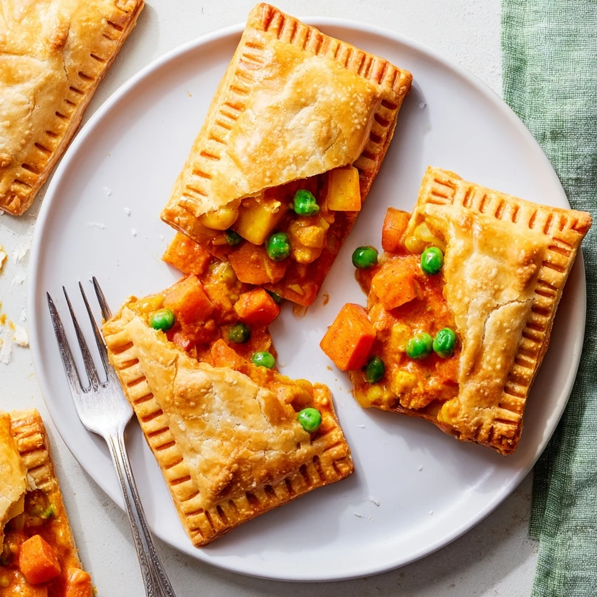 Flaky golden hand pies filled with creamy Tikka Masala Vegetarian Pies, served warm on a rustic plate.