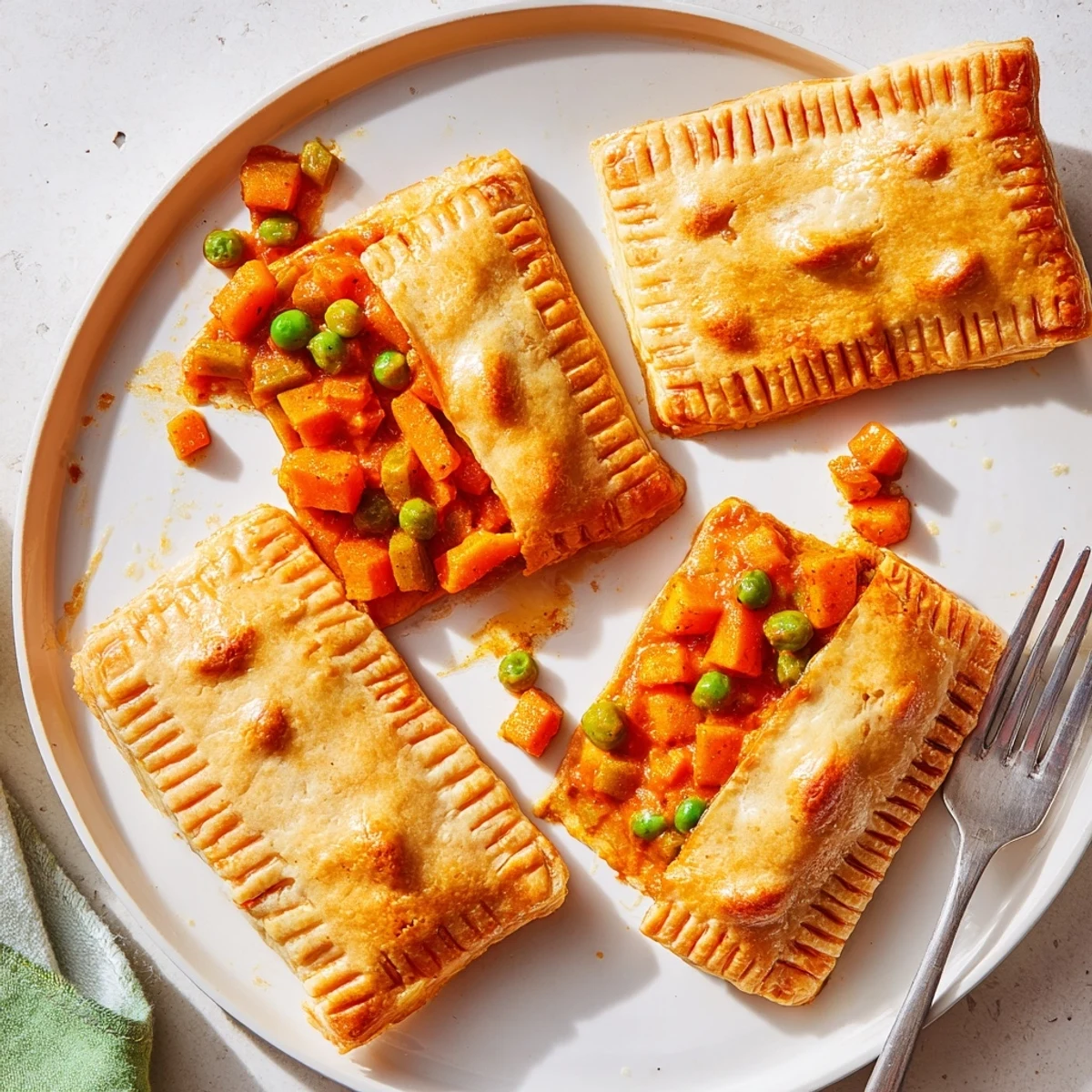 Steam rises from the golden pastry, revealing a hearty serving of Tikka Masala Vegetarian Pies.