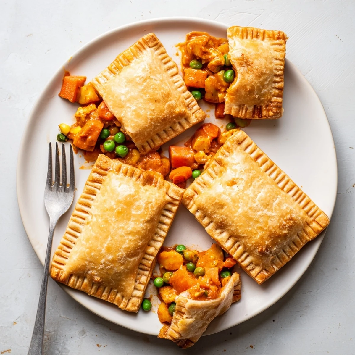 Bite-sized Tikka Masala Vegetarian Pies with flaky crusts, arranged on a wooden board for a cozy lunch.