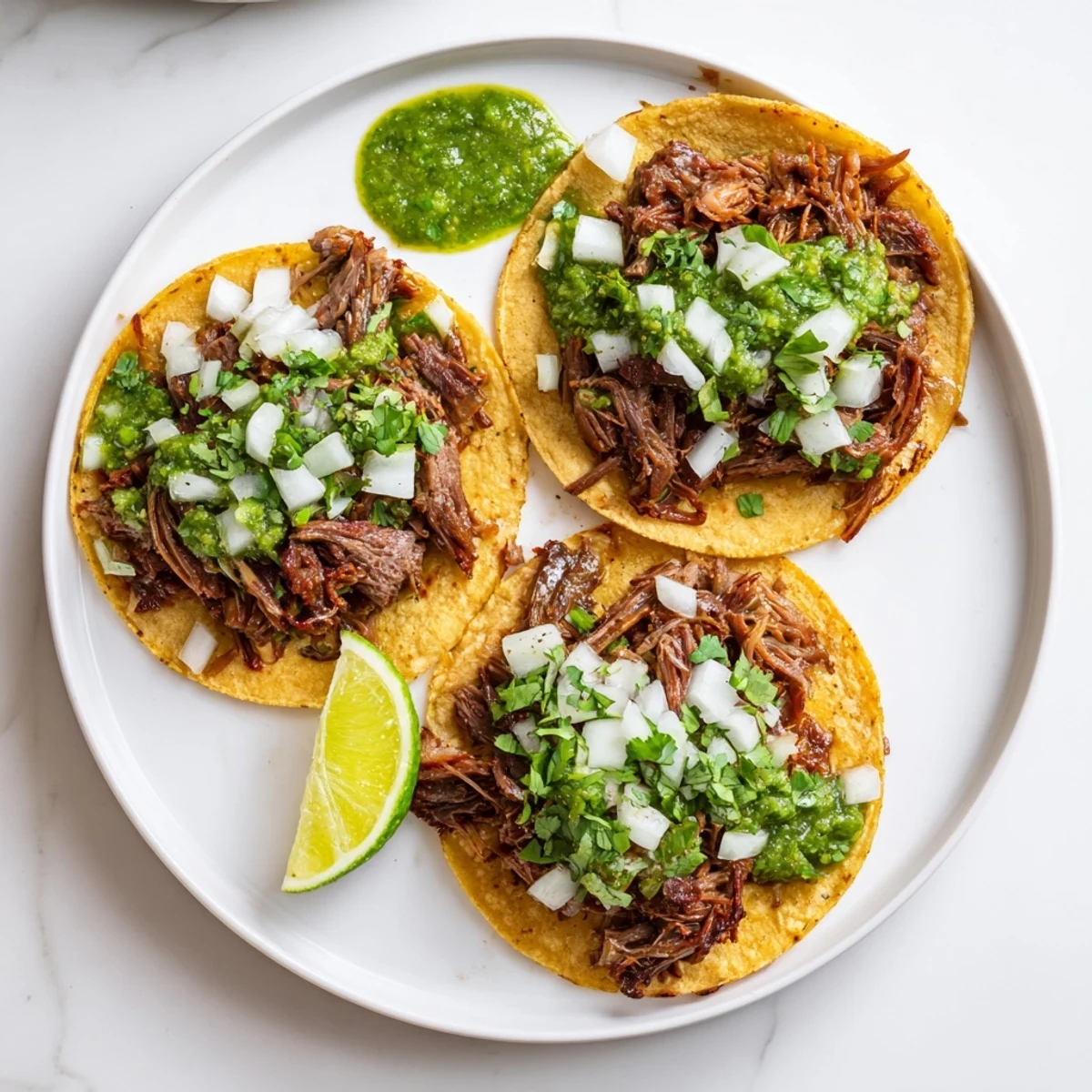 Golden shredded beef cheek meat piled high on warm corn tortillas, topped with diced white onion and fresh cilantro for Beef Cheek Tacos.