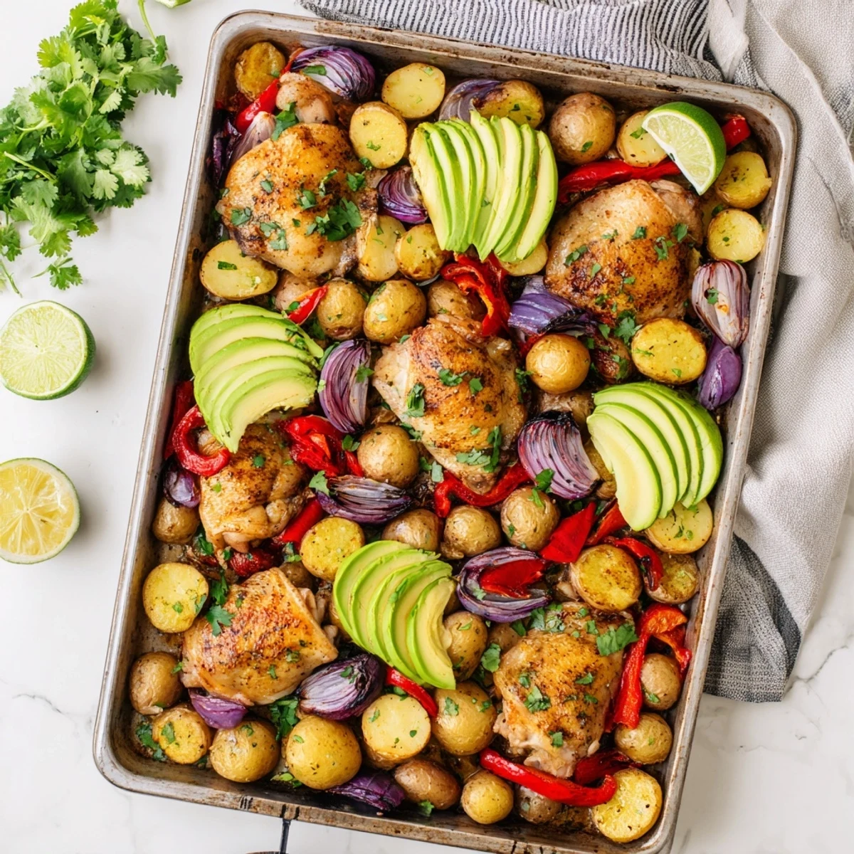 Succulent chicken thighs, creamy avocado slices, and crispy roasted baby potatoes with red onion and peppers for a gluten-free main dish.