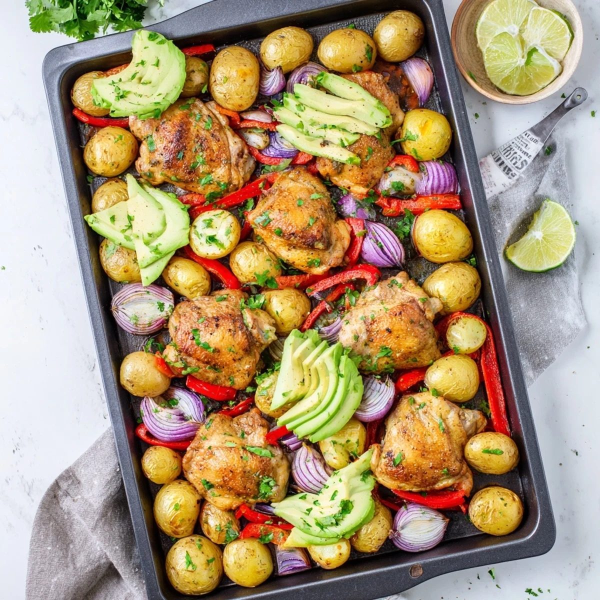 Golden chicken and vibrant avocado pieces rest on a bed of crispy roasted potatoes in a one-pan tray bake ready to serve.