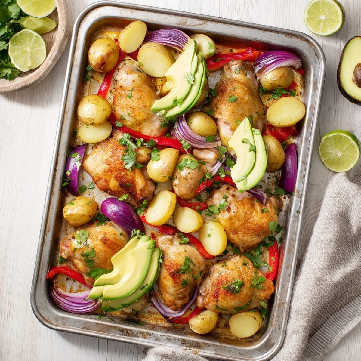 A close-up view of the Chicken Avocado and Crunchy Potato Tray Bake with fresh lime wedges and herbs for a healthy weeknight meal.