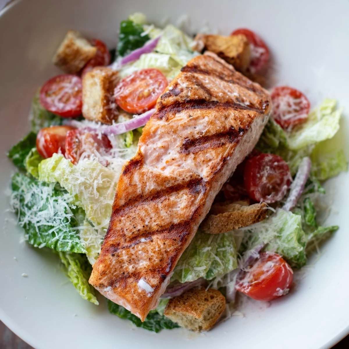 Golden grilled salmon fillet resting atop crisp romaine Caesar salad with cherry tomatoes and croutons