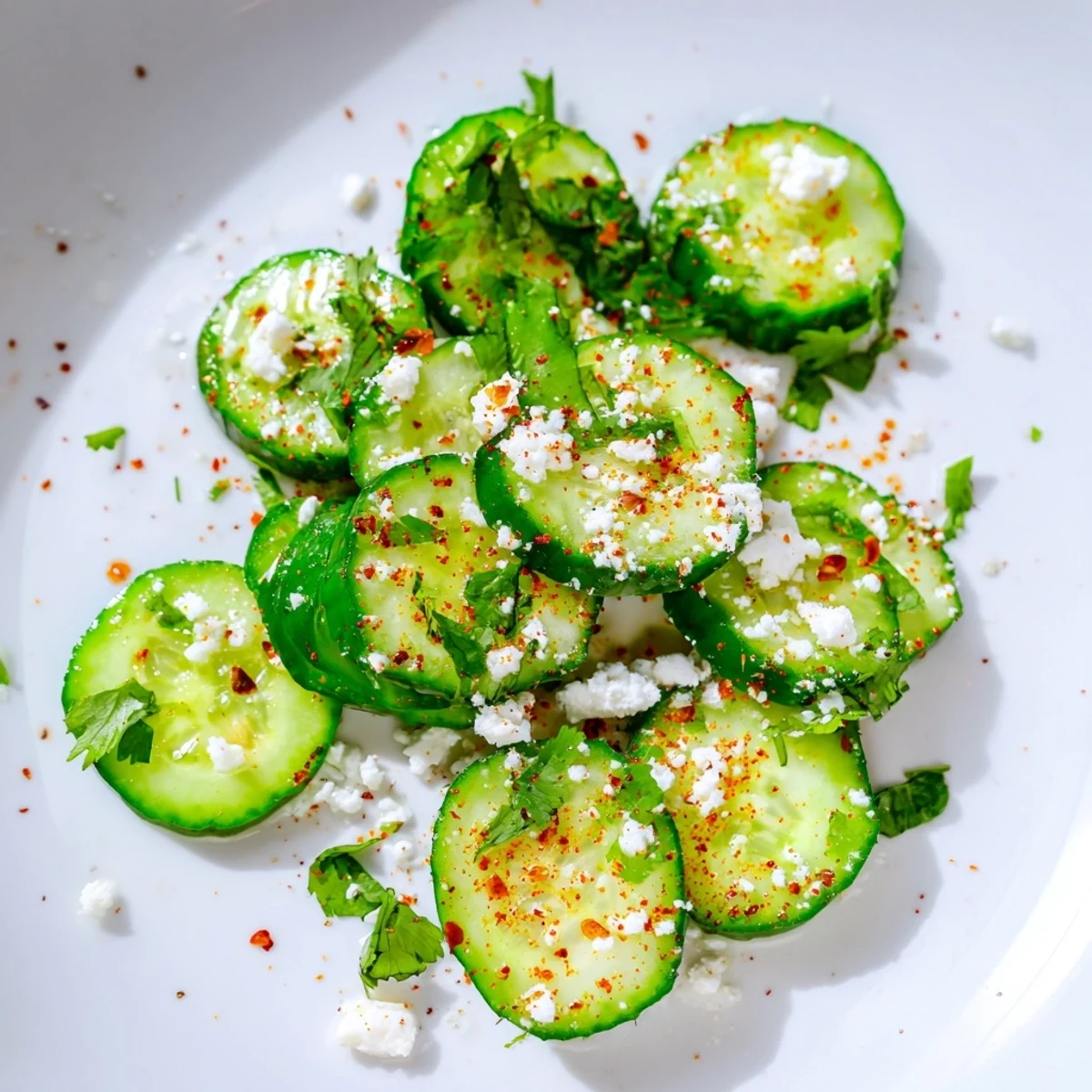 Vegan Mexican style cucumbers sprinkled with Tajín and fresh herbs served as a refreshing summer snack