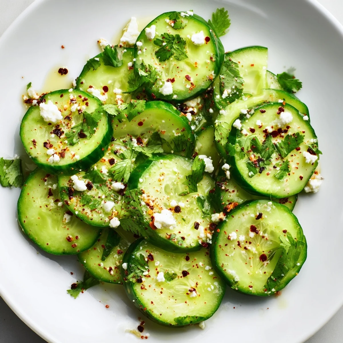 Crisp cucumber slices tossed with tangy lime and chili seasoning on a white serving plate