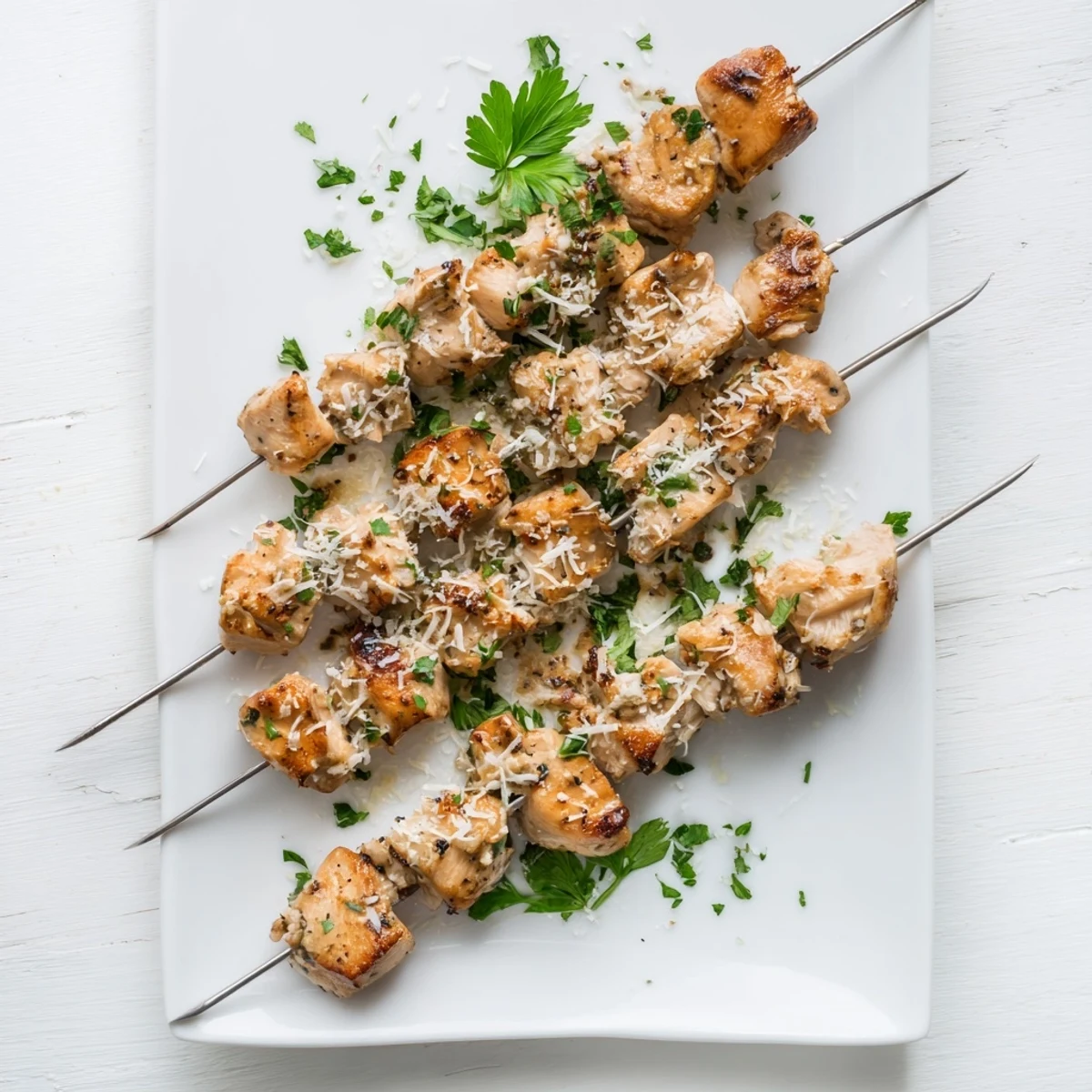 Golden grilled Ranch Garlic Parmesan Chicken Skewers with melted cheese and char marks