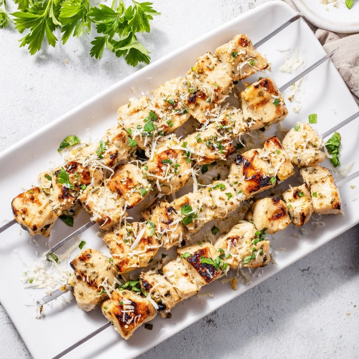 Juicy chicken pieces on skewers grilled to perfection with garlic ranch and cheese