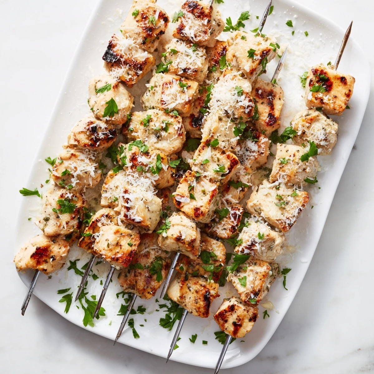 Zesty ranch marinated chicken skewers threaded on sticks topped with savory Parmesan