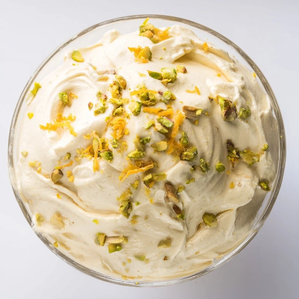 Creamy Lebanese date orange blossom mousse topped with chopped pistachios and fresh orange zest