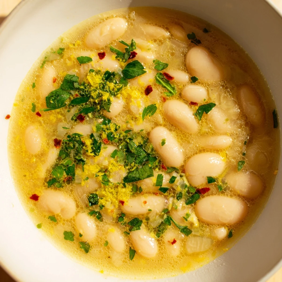 Steam rising from savory miso butter brothy beans topped with bright green parsley and lemon zest in a white bowl