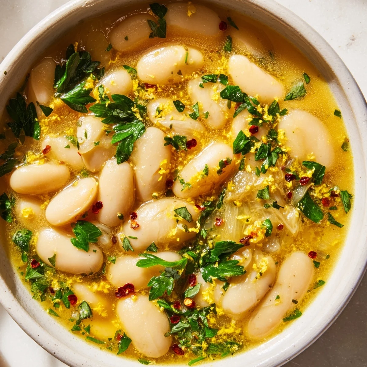 Spoon lifting savory miso butter brothy beans from a pot, showing creamy white beans in rich umami broth