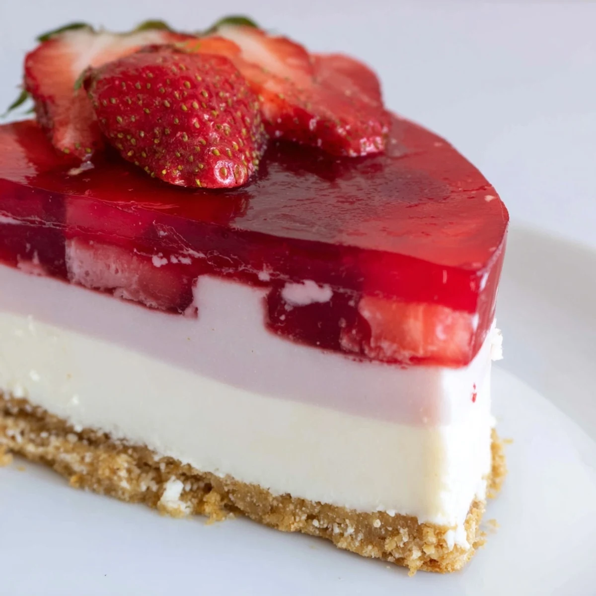 No bake Greek yogurt Jello cheesecake with buttery graham cracker crust and vibrant fruit gelatin topping
