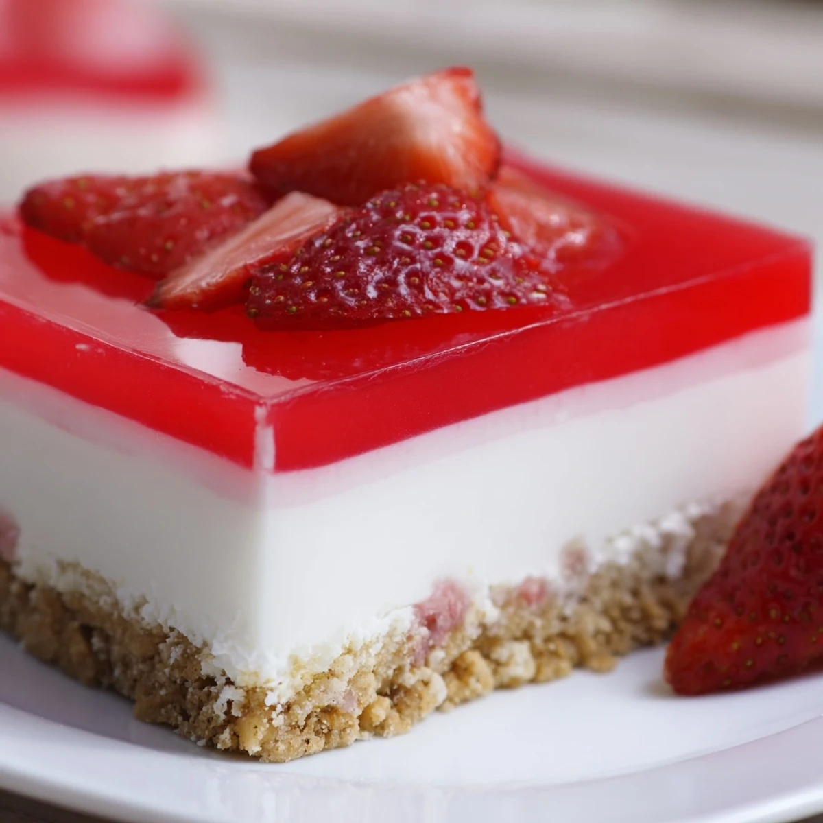Creamy Greek yogurt cheesecake slice topped with wobbly jello layer and fresh berry garnish