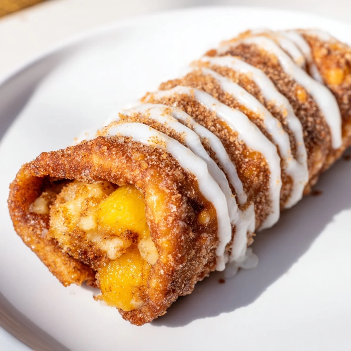 Golden peach cobbler egg rolls drizzled with white vanilla glaze on white plate