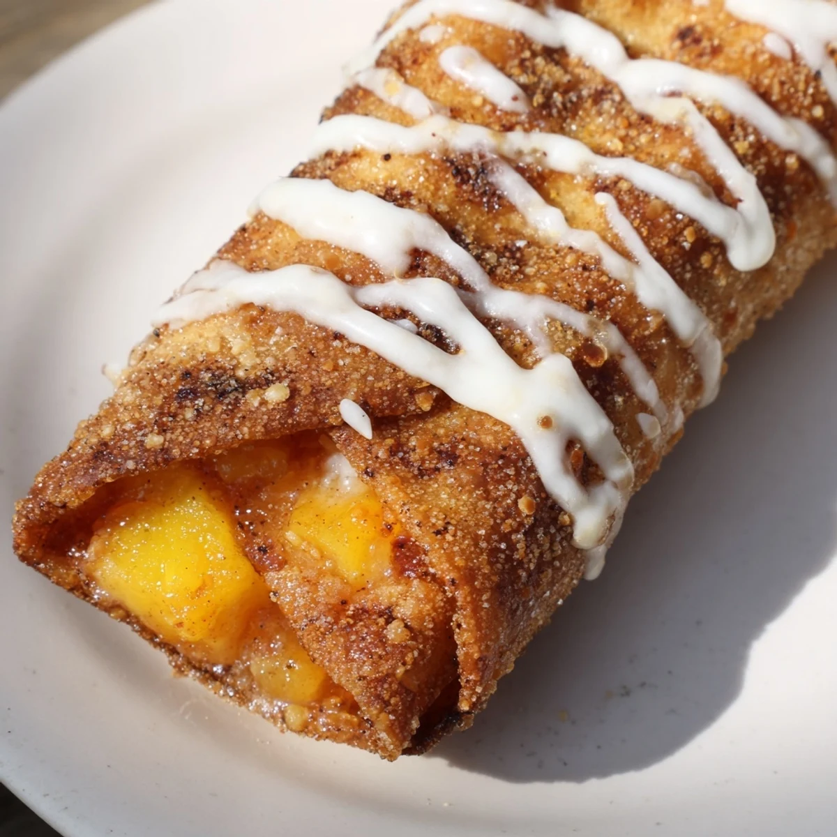 Crispy fried egg roll filled with spiced peach dessert filling ready to bite