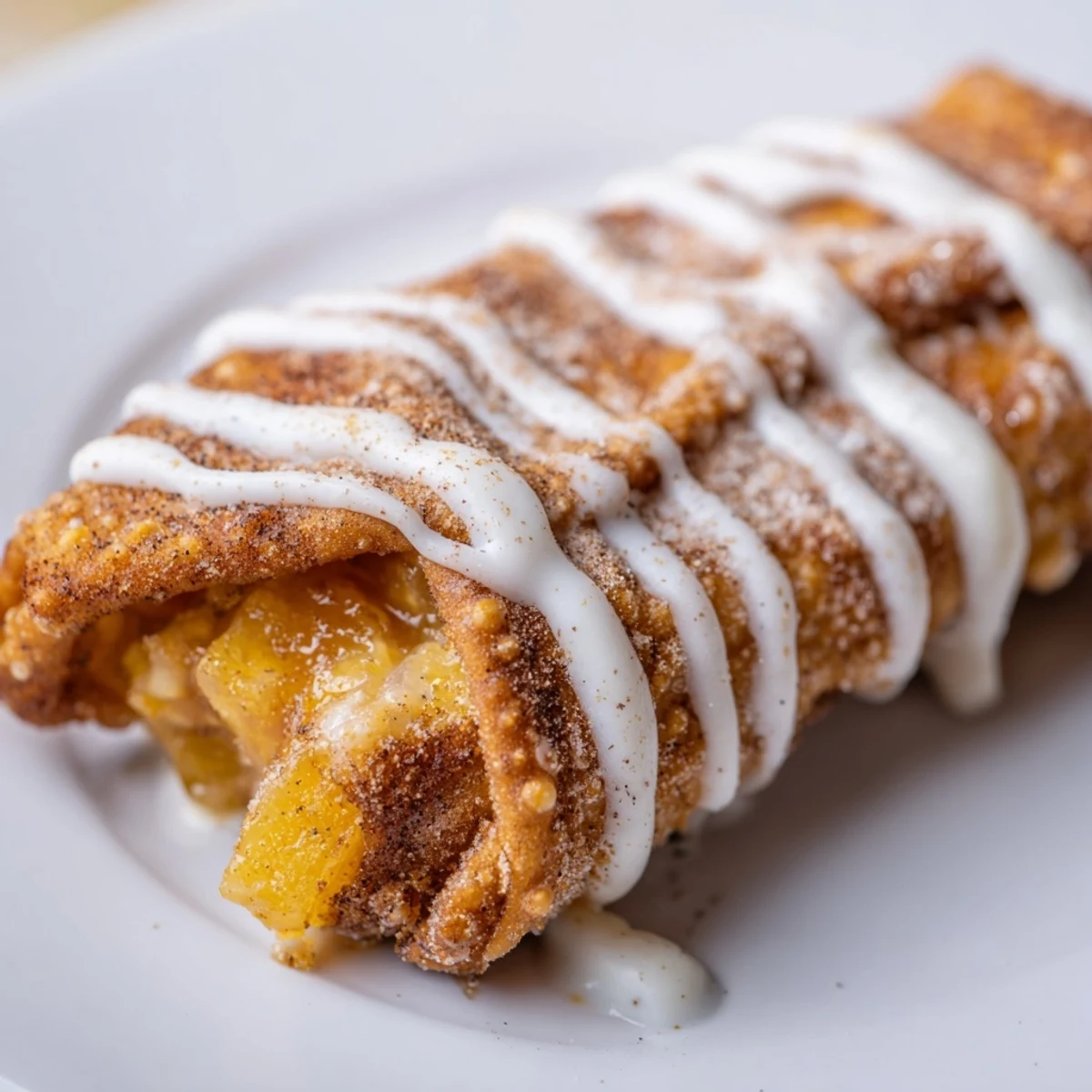 Handheld peach cobbler egg rolls with cinnamon sugar coating and sweet glaze topping