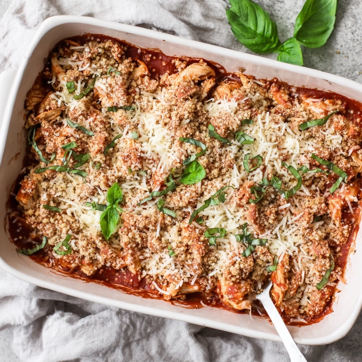 Golden bubbly keto chicken parmesan casserole with melted mozzarella and fresh basil garnish
