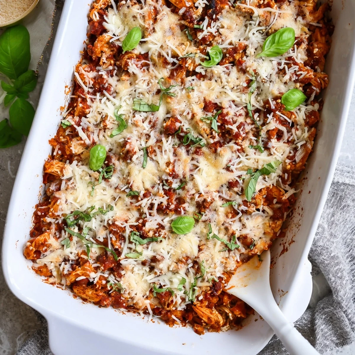 Creamy low-carb chicken parmesan casserole baked until cheesy with vibrant marinara sauce