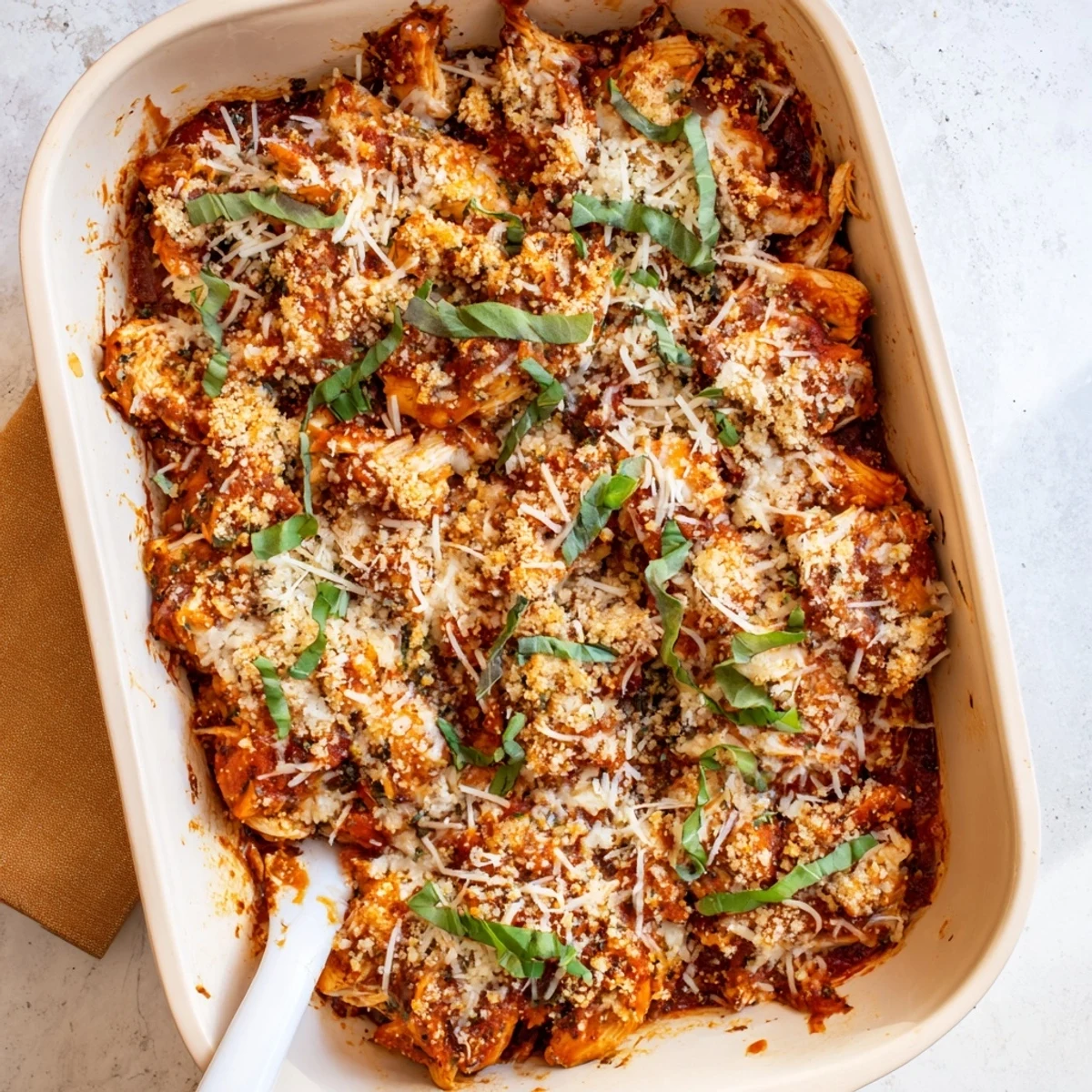 Bubbling hot keto chicken parmesan casserole topped with golden brown melted cheese layer