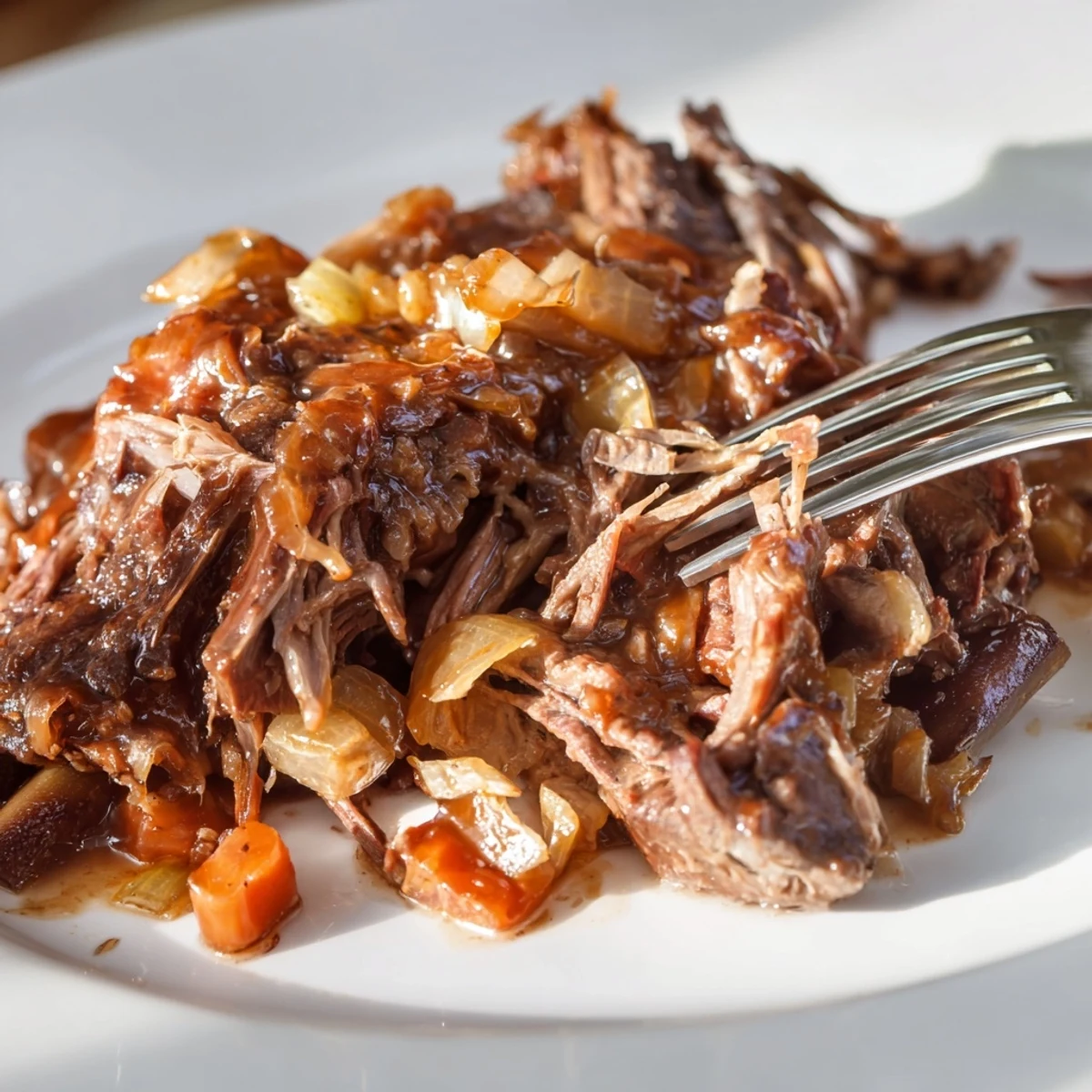 Braised beef maple bourbon glazed short ribs glistening with sweet smoky glaze on white serving platter