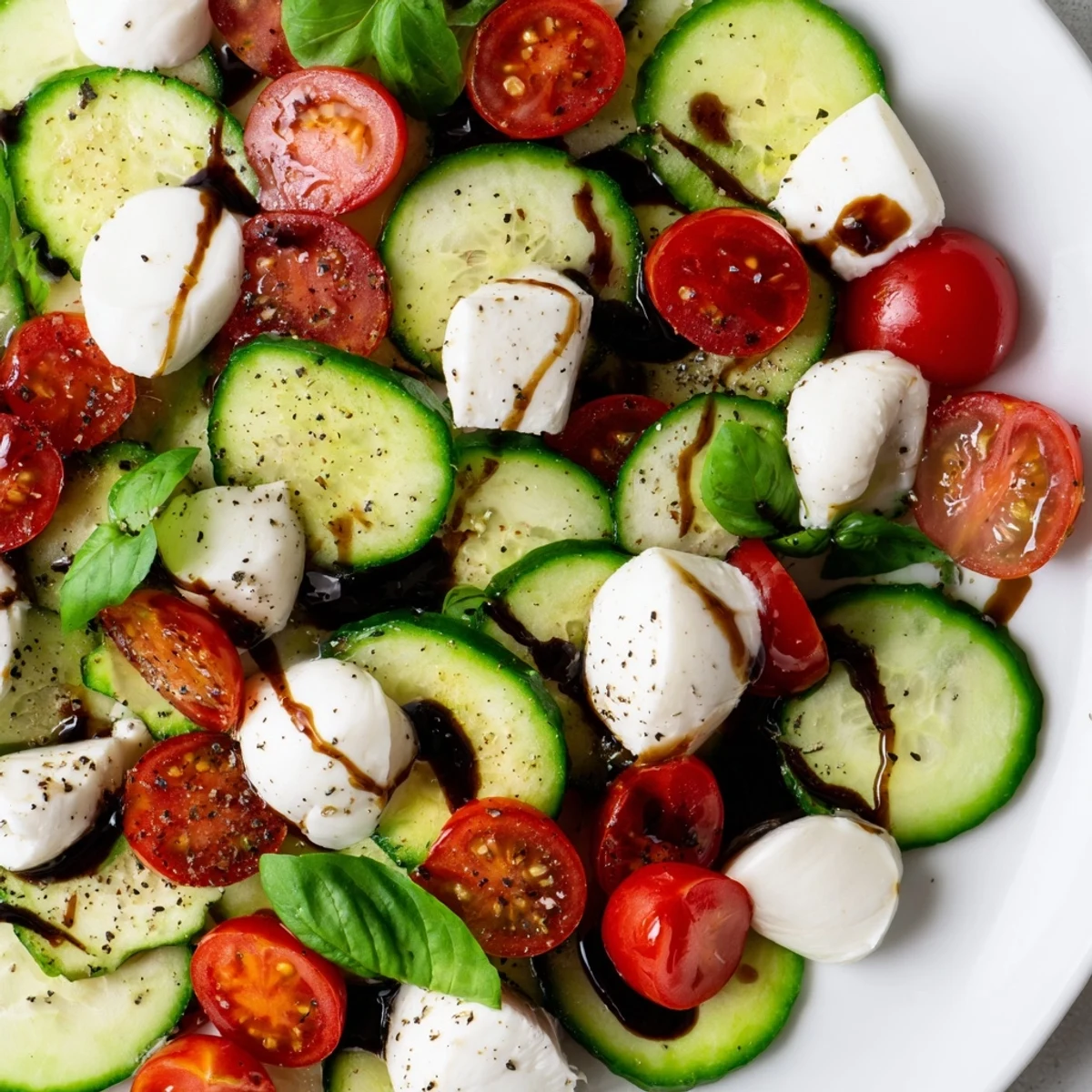 Vibrant Caprese salad featuring crisp cucumbers, cherry tomatoes, mozzarella balls, and torn fresh basil