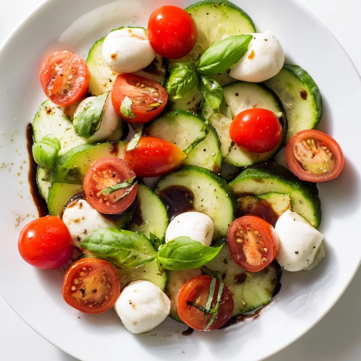 Garden-fresh cucumber Caprese salad with ripe tomatoes, creamy mozzarella, and tangy balsamic dressing