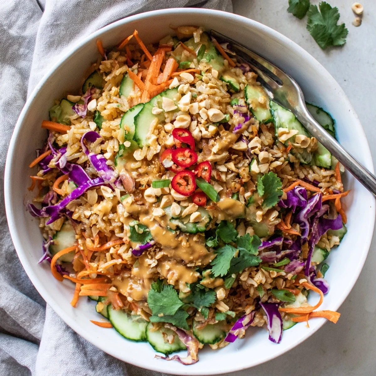 Golden fried rice crisp with peanut sesame dressing over fresh purple cabbage and cucumber slices