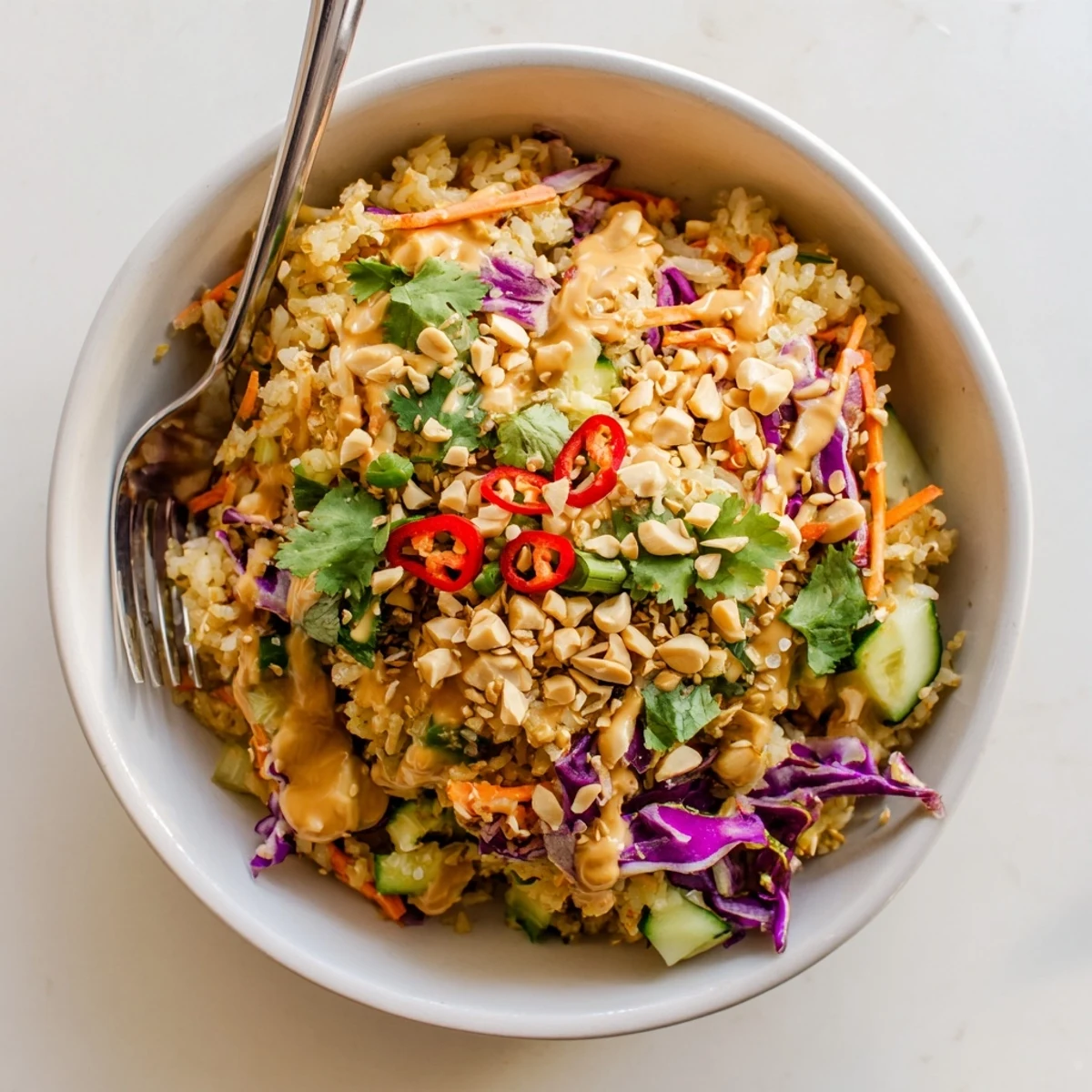 Colorful crispy rice salad bowl topped with roasted peanuts and creamy peanut sesame dressing