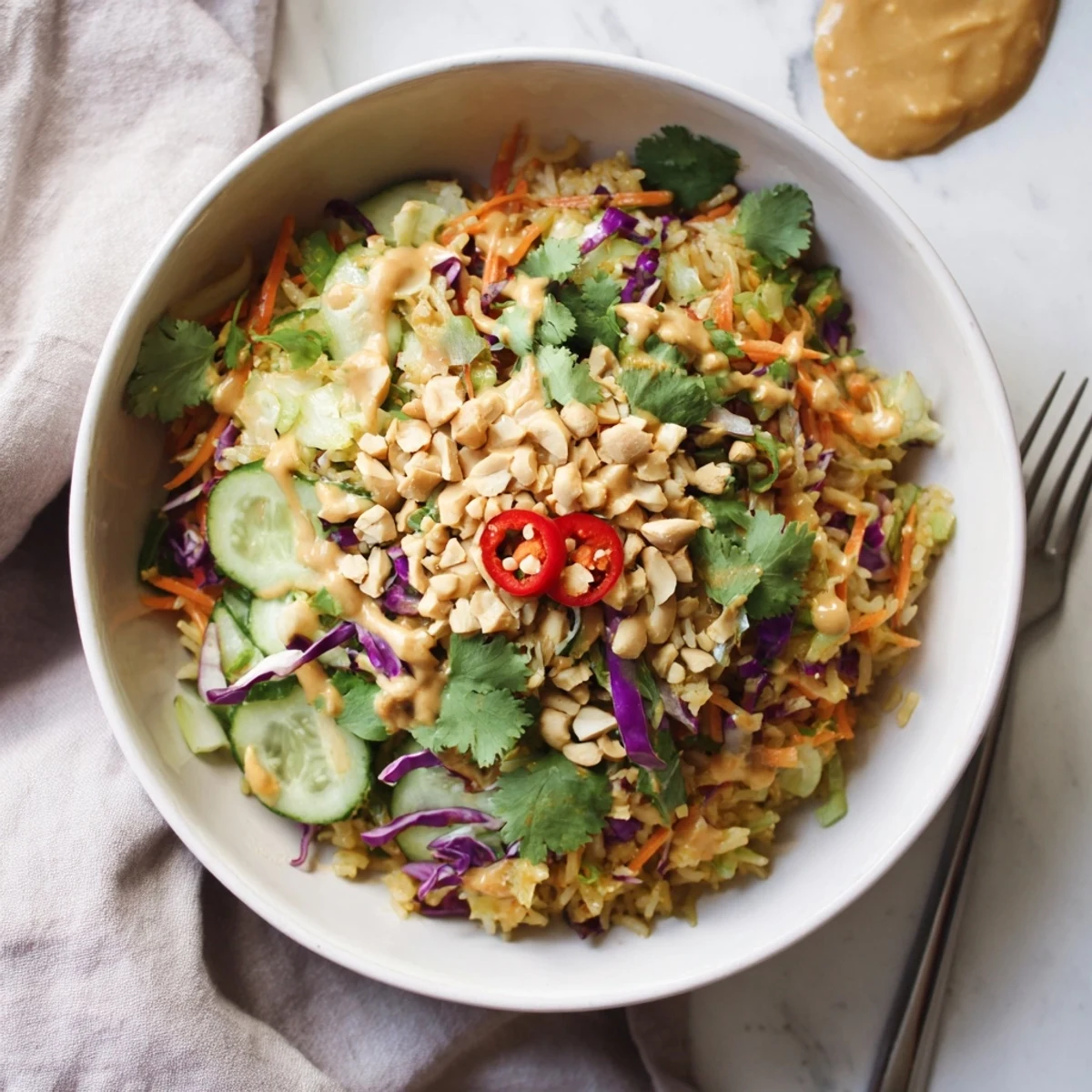 Fried rice crunch tossed in peanut sesame dressing with shredded carrots and purple cabbage