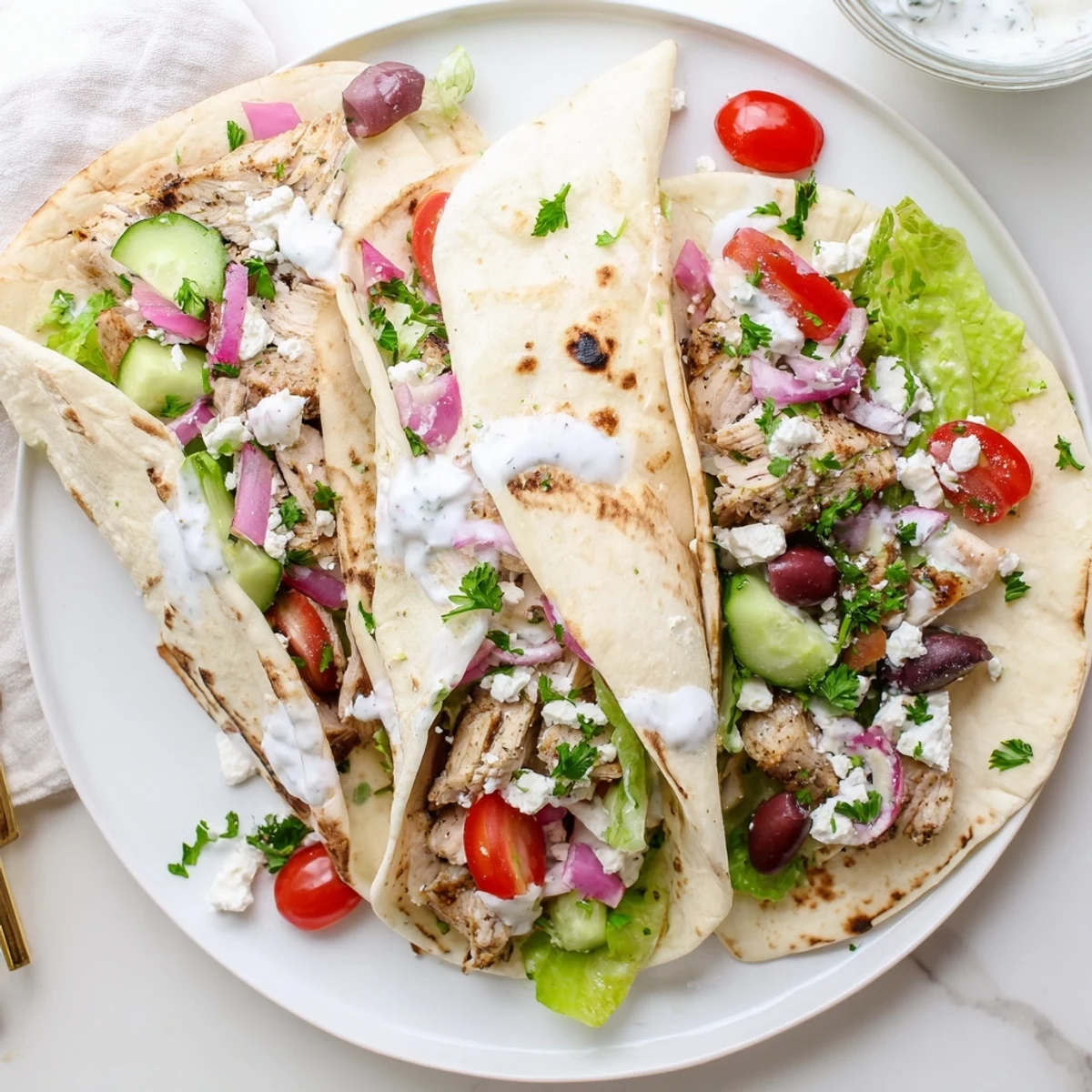 Golden grilled chicken tacos topped with fresh cucumber, tomatoes, and crumbled feta cheese