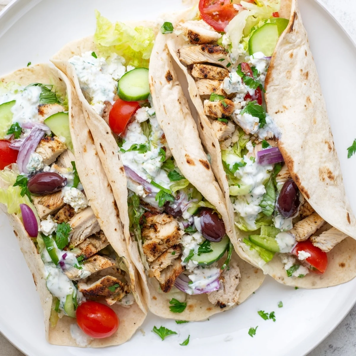 Mediterranean chicken tacos drizzled with creamy yogurt sauce and crisp red onion slices