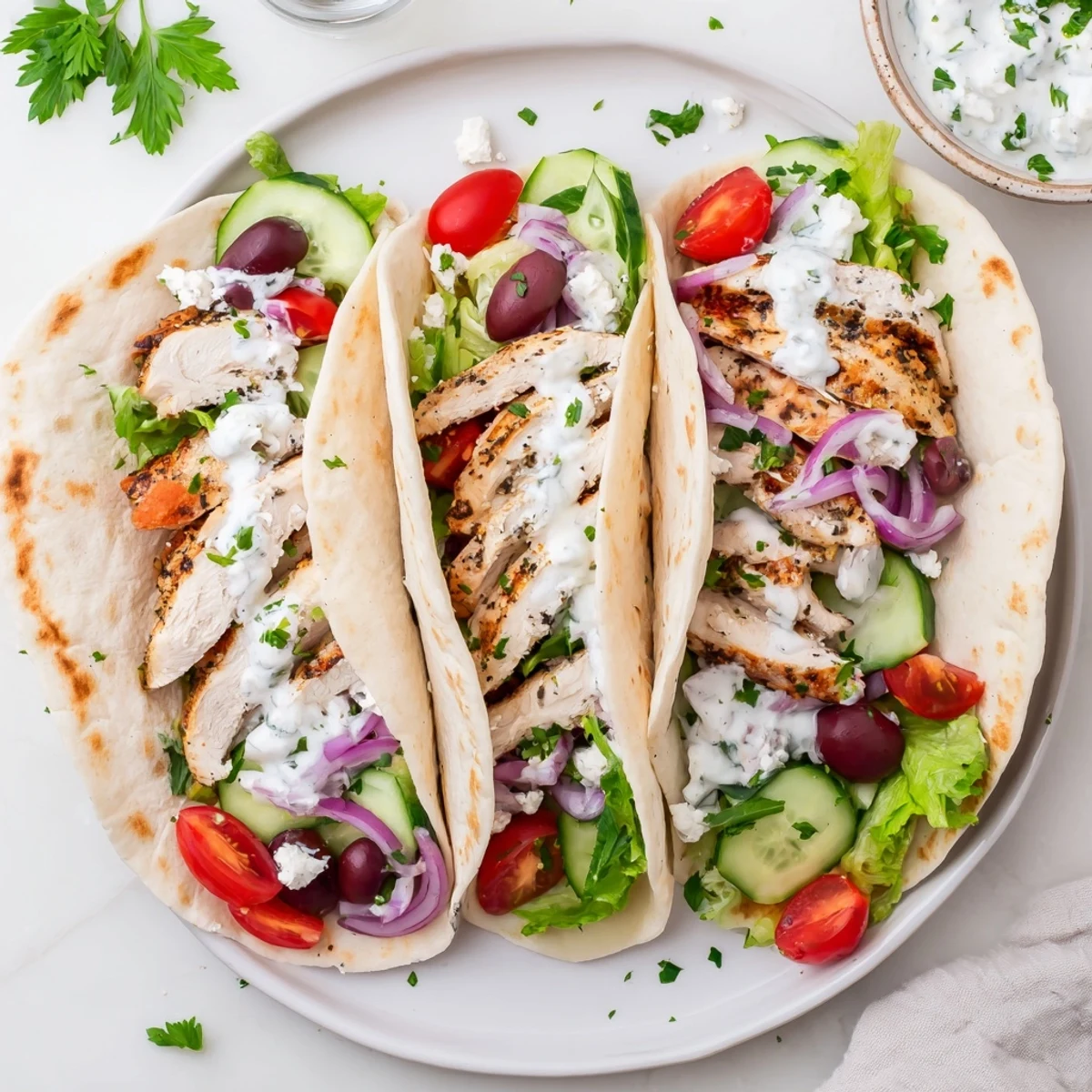 Soft tortillas piled high with seasoned chicken, Kalamata olives, and shredded lettuce