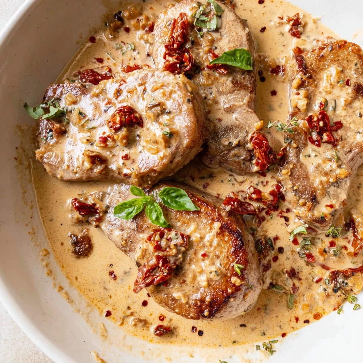 Golden brown Marry Me pork chops resting in creamy sun-dried tomato parmesan sauce garnished with fresh basil