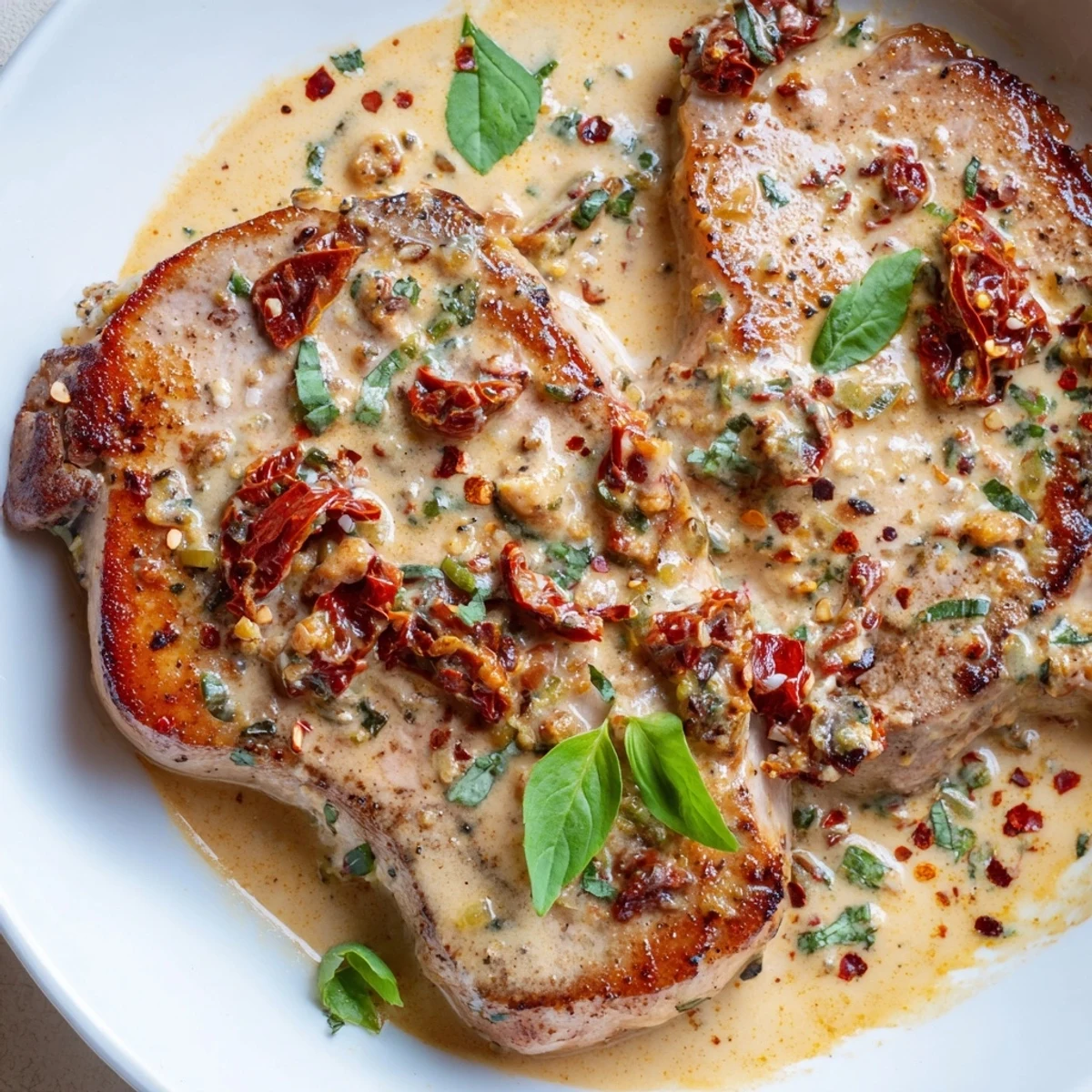 Tender seared Marry Me pork chops nestled in thick creamy garlic parmesan sauce topped with chopped basil