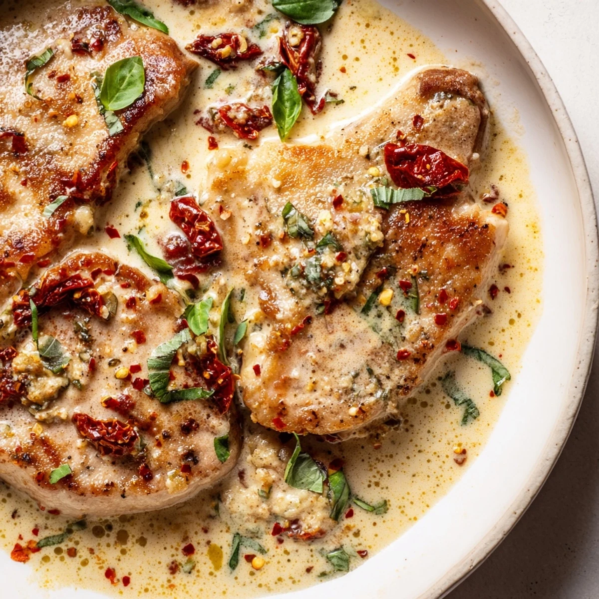 Succulent boneless Marry Me pork chops served in rich white sauce with sun-dried tomatoes and red pepper flakes