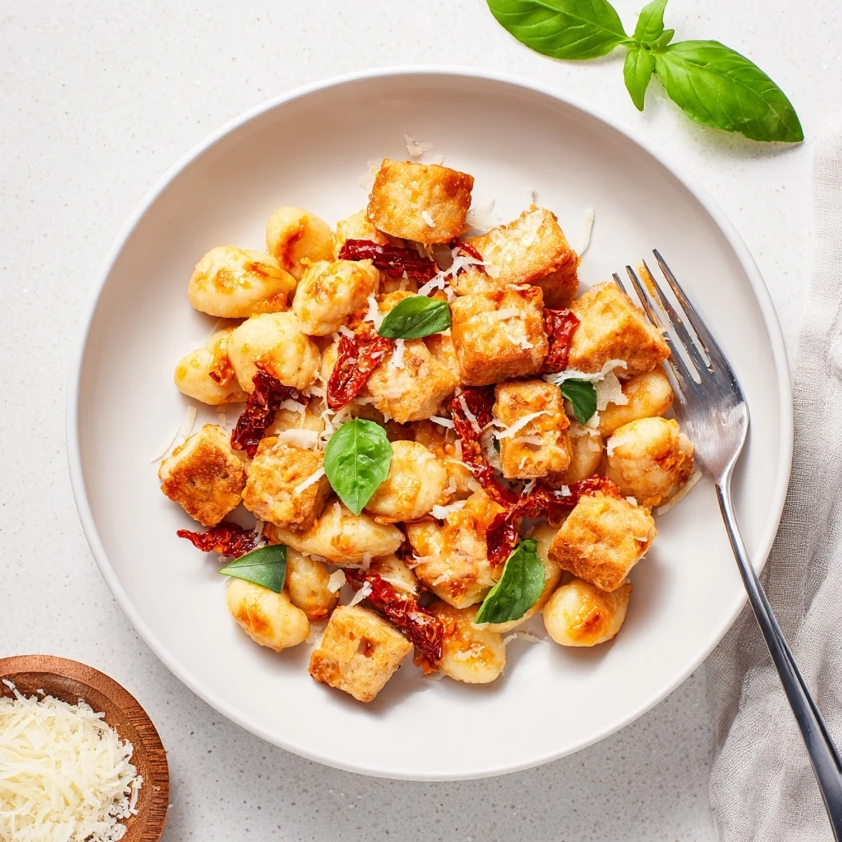Golden crispy tofu cubes and pillowy gnocchi swimming in rich sun-dried tomato cream sauce