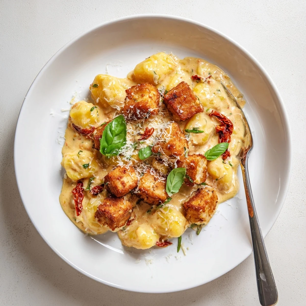 Marry Me crispy tofu with gnocchi plated with fresh basil garnish and grated Parmesan topping