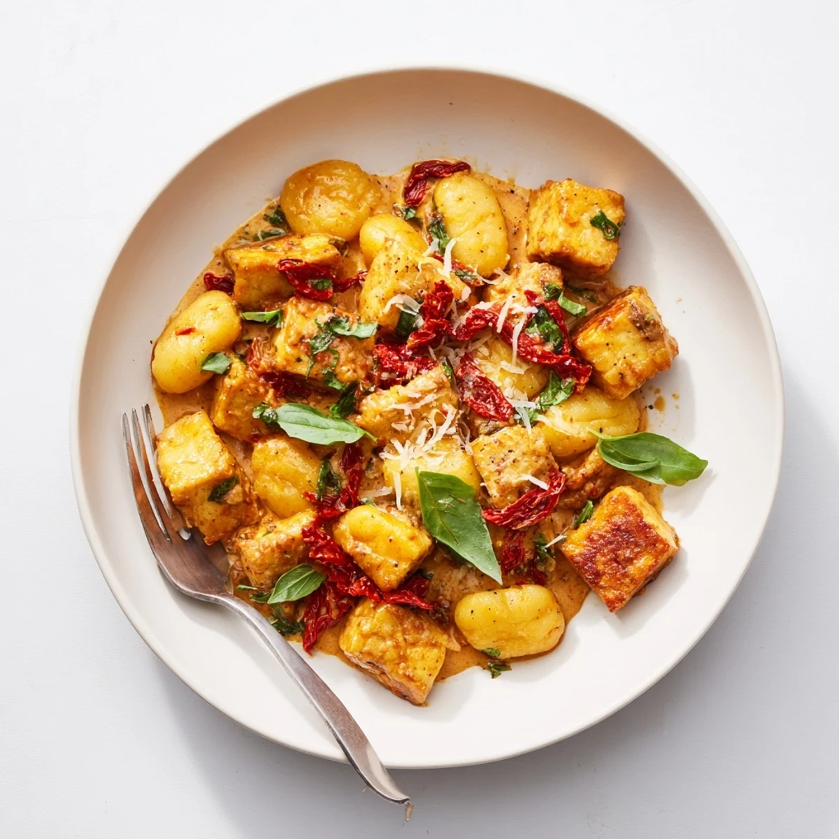 Crispy pan-fried tofu tossed with soft potato gnocchi in a velvety tomato cream sauce
