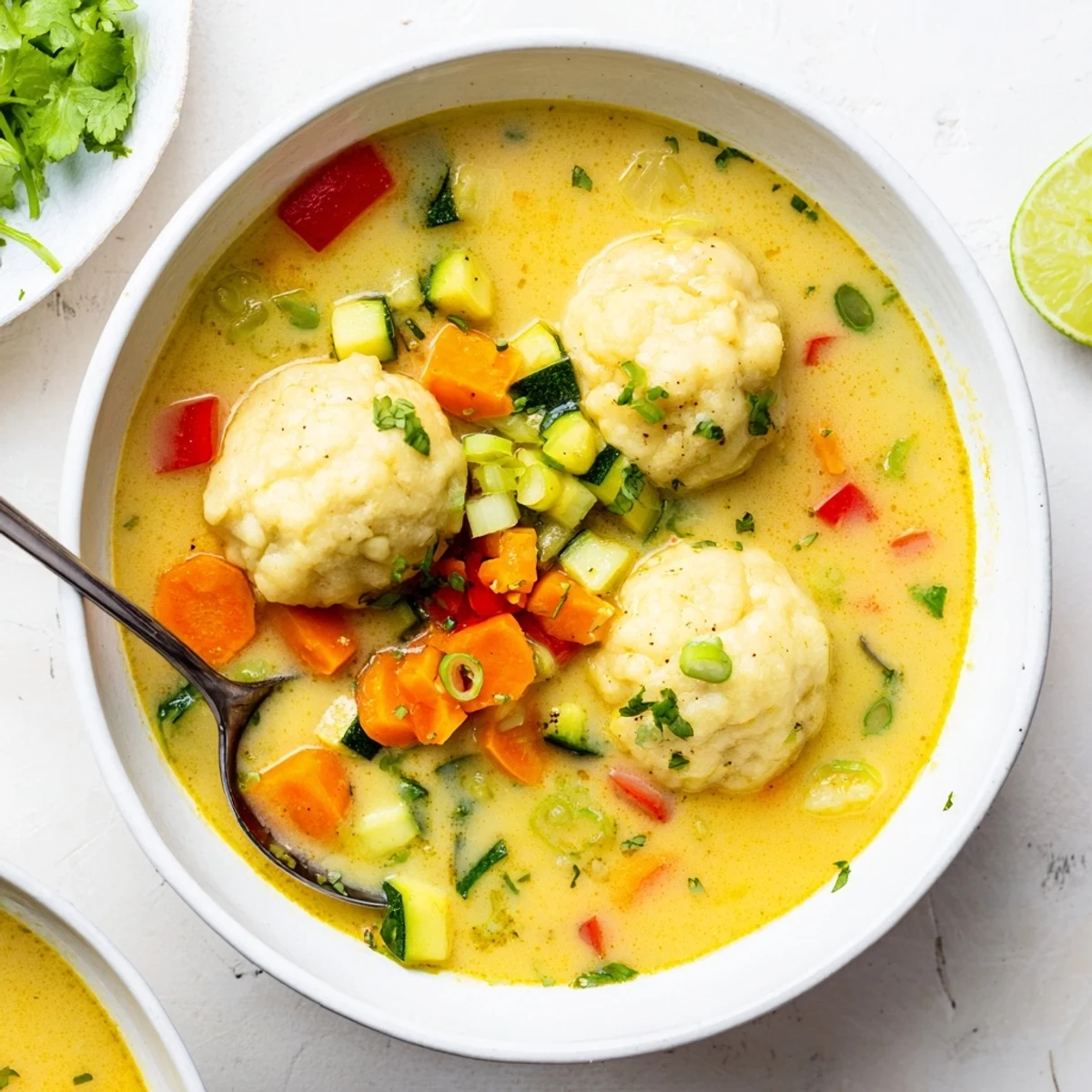 Golden coconut curry soup with fluffy dumplings floating in a rich, aromatic broth garnished with fresh cilantro