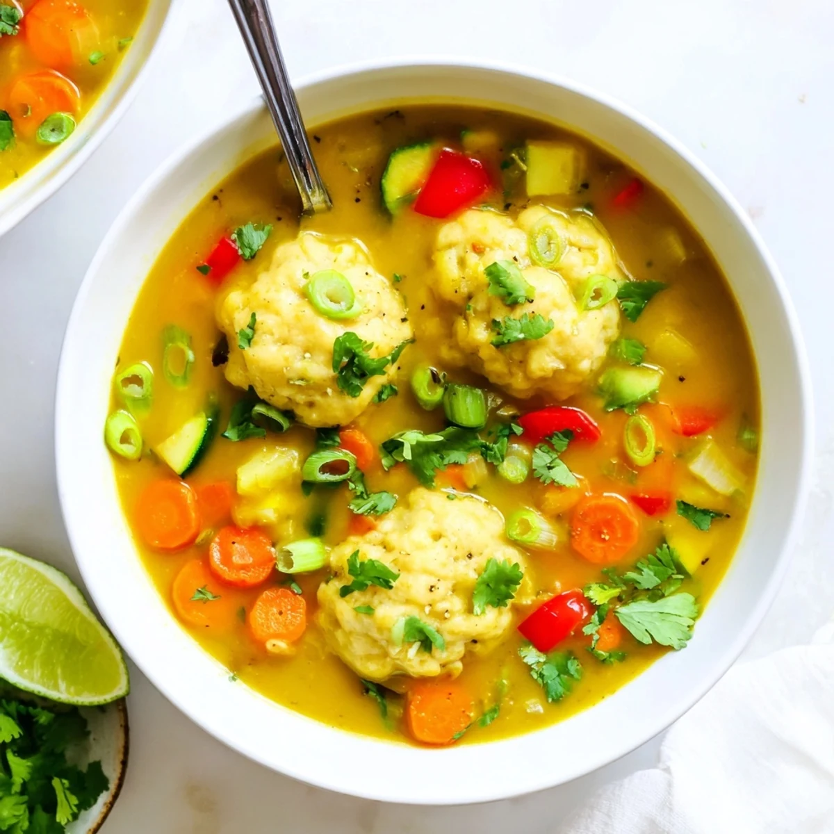 Comforting bowl of simple coconut curry soup featuring tender dumplings, colorful vegetables, and creamy spiced coconut milk