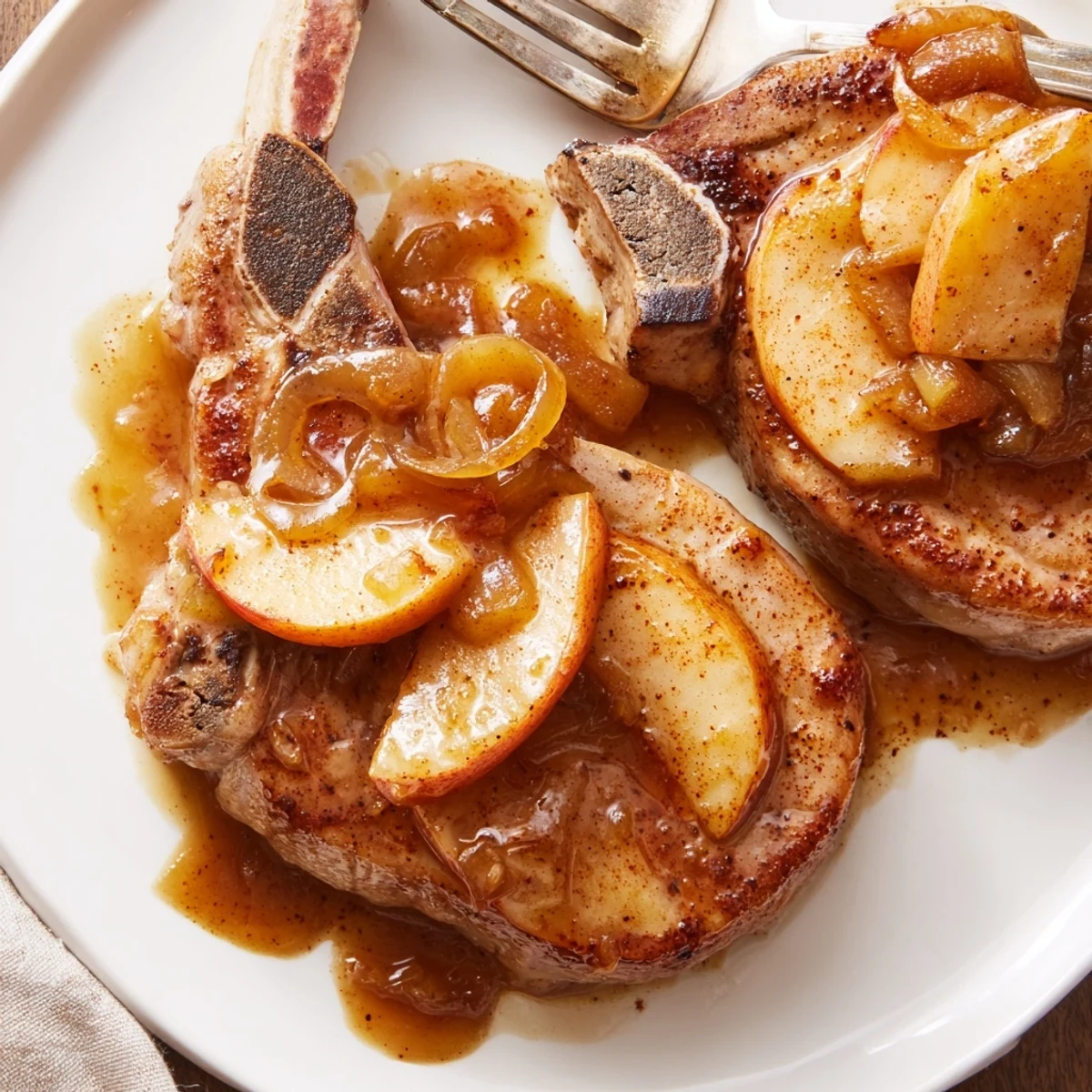 Golden seared apple butter pork chops glazed with rich sweet and savory sauce