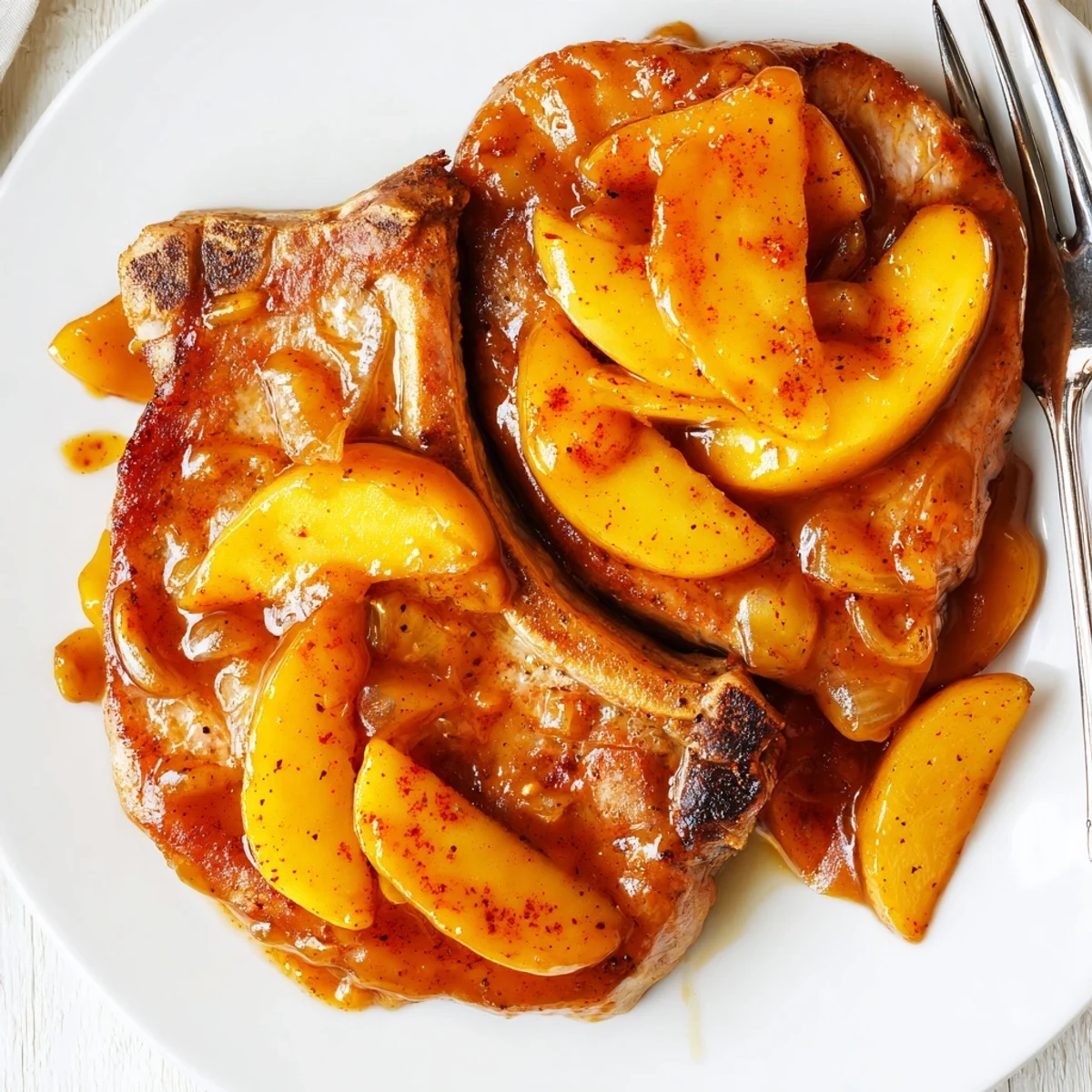 Tender pork chops simmered with spiced apples in a comforting apple butter glaze