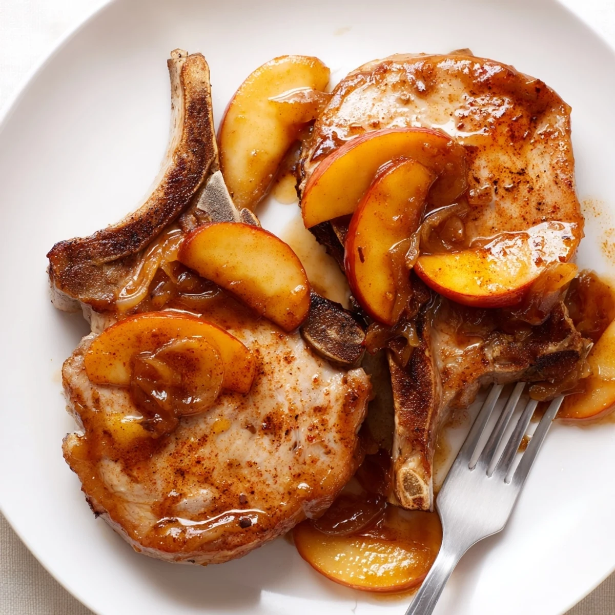 Juicy bone-in pork chops served atop caramelized onions and cinnamon apple butter sauce