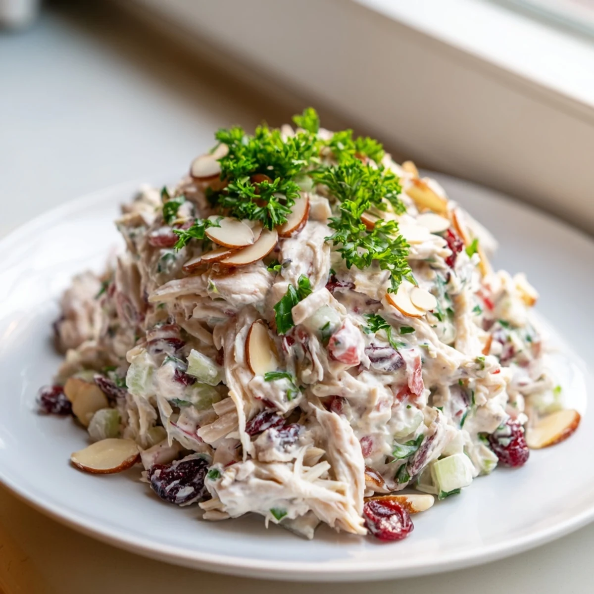 Protein-packed Greek yogurt rotisserie chicken salad plated on fresh greens with vibrant red onion and dried cranberries for a satisfying lunch