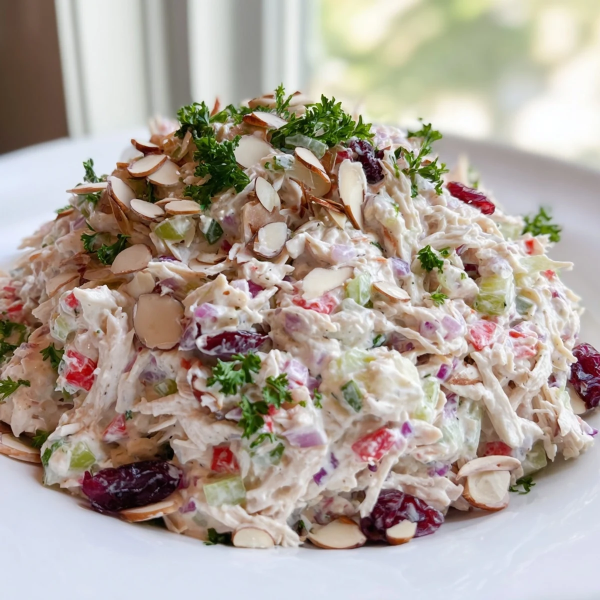 Light and healthy Greek yogurt rotisserie chicken salad featuring tender shredded chicken, colorful diced vegetables, and crunchy almonds on a wooden board