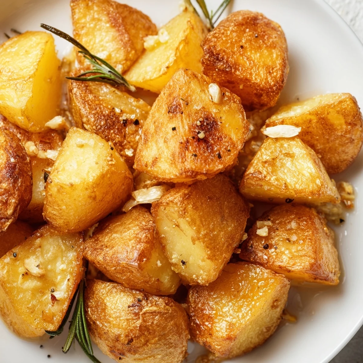 Golden brown homemade roast potatoes with crispy edges and fluffy centers, seasoned with sea salt and freshly ground black pepper on a white serving platter
