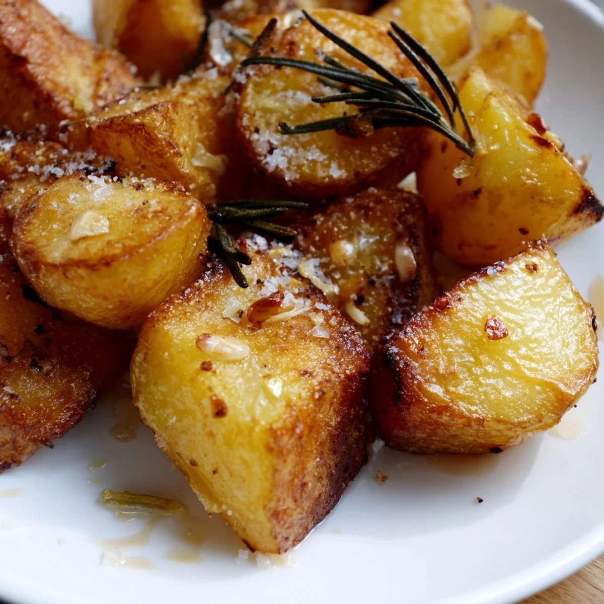 Oven-roasted homemade roast potatoes scattered with fresh rosemary sprigs, displaying a perfectly crunchy exterior and soft interior, arranged in a rustic roasting pan